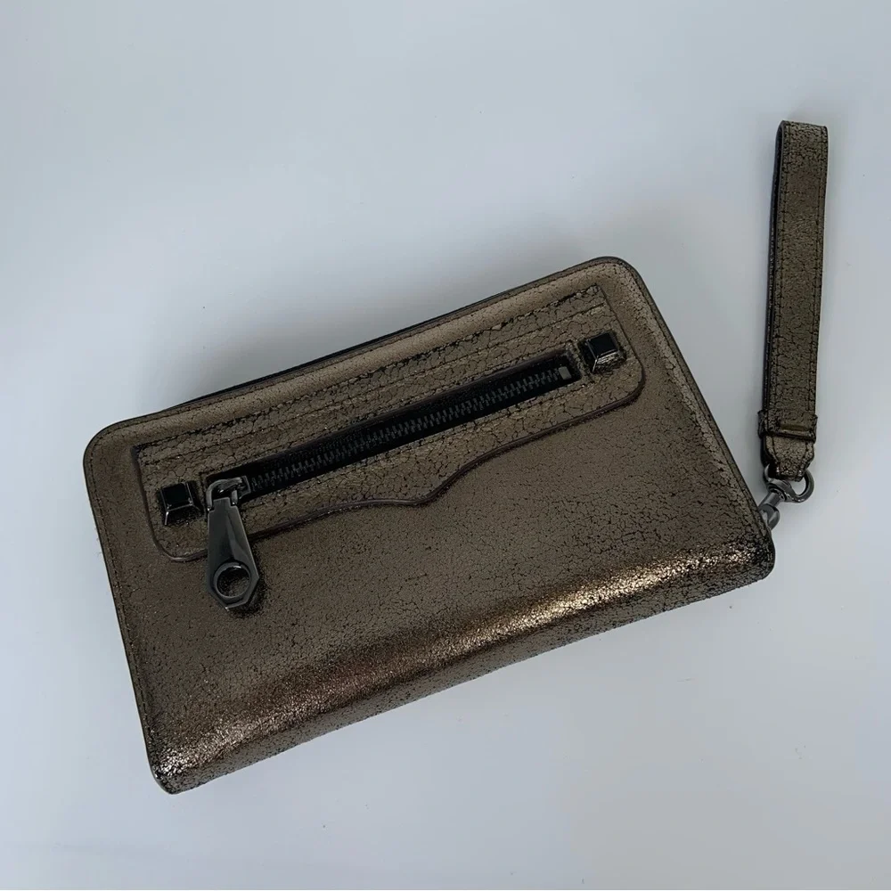Rebecca Minkoff Regan Universal Wristlet Gold Crackle W/phone holder Metallic